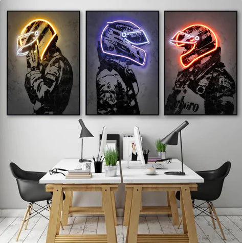 Retro Helmet Neon Canvas Art – Vintage Wall Decor